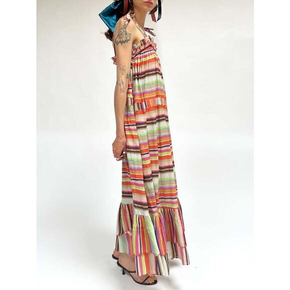 Rue de la Lune Sabi Dress Size ML Pink Multi Ruffle Cotton Stripe Maxi Colorful - Picture 2 of 14